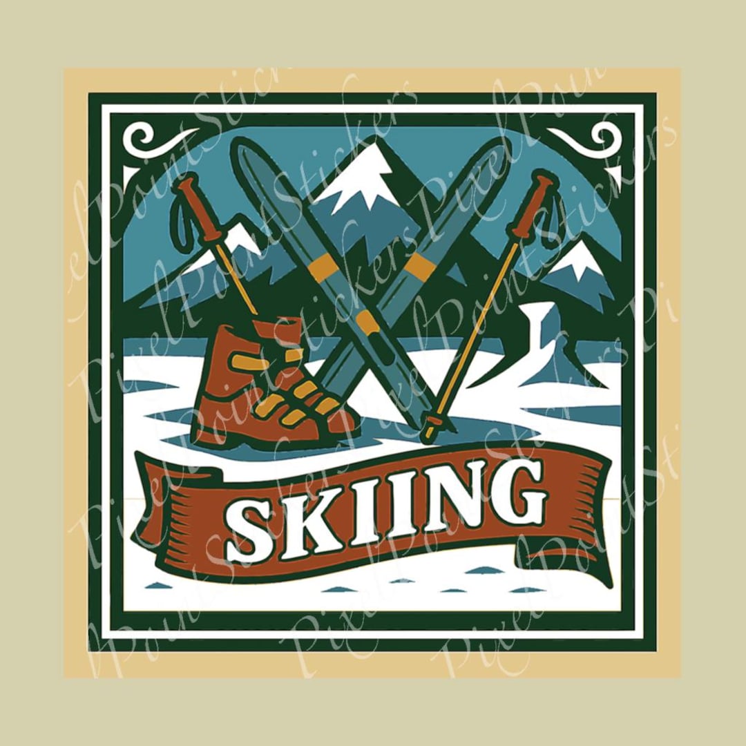 Skiing Sticker Vintage Alpine Emblem Spot Color Pixelpoint Design Skis ...