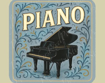 May include: A black grand piano illustration with the word "PIANO" in large, cream-colored letters. The piano is set against a light blue background with decorative floral elements. The image has a vintage, artistic style.