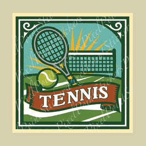 Tennis Sticker – Vintage Court Emblem – Spot Color PixelPoint Design racquet ball net court