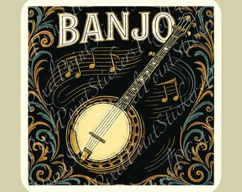 Banjo Sticker | Bluegrass Music Gift | Vintage Banjo Decal for Instrument Cases, Bottles, and Laptops