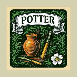 May include: An illustration with the word "POTTER" on a white banner. The image features a brown pottery vase, two pottery tools, a white flower, and green foliage on a dark green background.