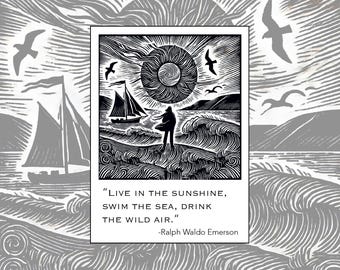 Ralph Waldo Emerson Nature Quote Sticker – Woodcut Style - Seashore, Sea, Sail Boat,  Sun, Waves – Waterproof Vinyl