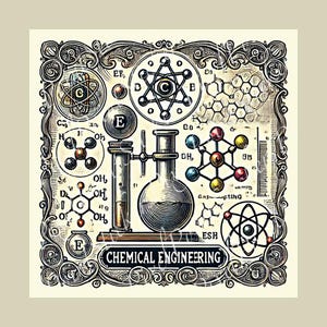 May include: A vintage-style illustration of chemical engineering concepts. The image features a beaker, a graduated cylinder, and various chemical structures, including atoms and molecules. The text "CHEMICAL ENGINEERING" is prominently displayed at the bottom.