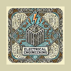 May include: A vintage-style illustration of an electrical circuit with a lightning bolt, a stylized electrical component, and the text "ELECTRICAL ENGINEERING". The image is surrounded by a decorative border with intricate patterns in shades of brown, gold, and blue.