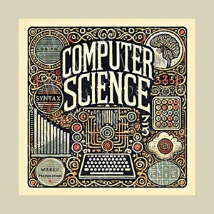 May include: A vintage-style illustration of a computer science theme. The image features a typewriter, a brain, a circuit board, and the words "COMPUTER SCIENCE" in a bold, decorative font.