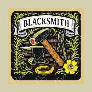 May include: Square sticker with a blacksmith theme. The design features a hammer, anvil, horseshoe, and tongs, with the word "BLACKSMITH" in a banner. The background is black with yellow floral accents and a yellow flower.