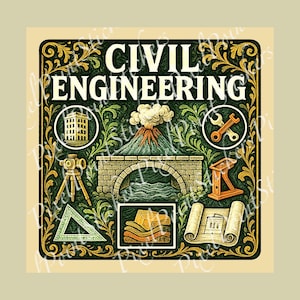May include: A square, vintage-style graphic with the words "CIVIL ENGINEERING" in white. The design includes a volcano, bridge, building, and tools, all within a decorative border. The color palette is primarily green, gold, and black.