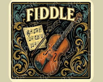 Fiddle Sticker Folk Music Gift Vintage Fiddle Decal for instrument cases, Laptops, and Water Bottles.