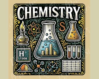Chemistry Sticker – PixelPoint Vintage Academic Style – Woodcut Lab Flask & Molecules Vinyl Sticker