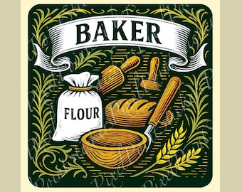 May include: A vintage-style illustration featuring baking tools and ingredients. A banner reads "BAKER" above a flour sack, rolling pin, bread loaf, bowl, and other tools, all in shades of gold and white against a dark green background.