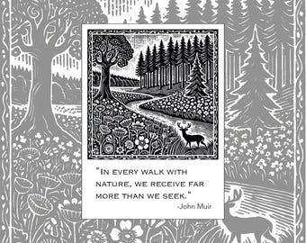 John Muir Nature Quote Sticker – Woodcut Style -Forest, Meadow, Wildflowers,  Stream – Waterproof Vinyl
