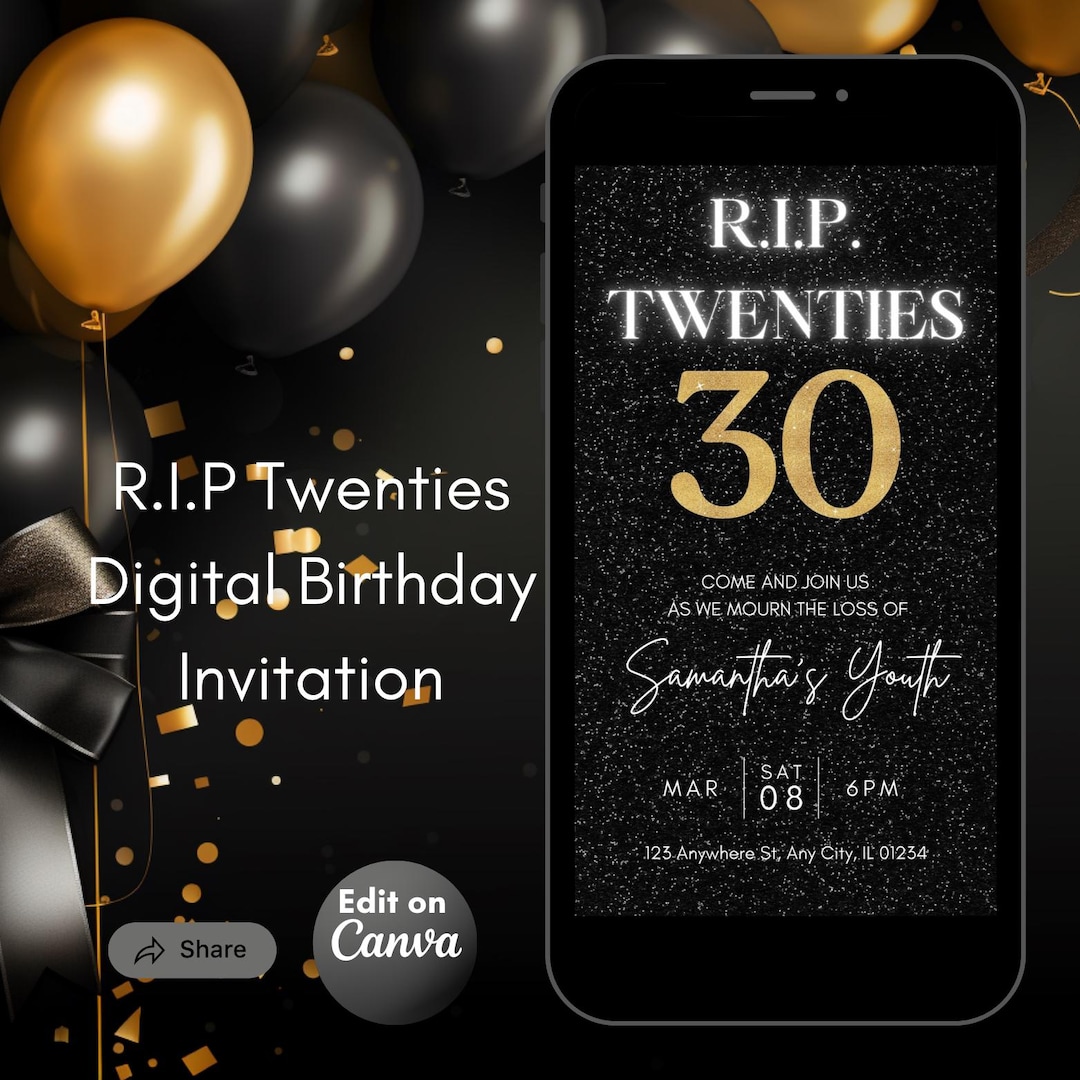 RIP Twenties 30th Birthday Evite Template, Digital Invitation, Mourn ...