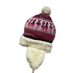 Pink Purple Alpaca Beanie Hat with Earflaps Winter Hat Warm Soft Snow Fleece Gift