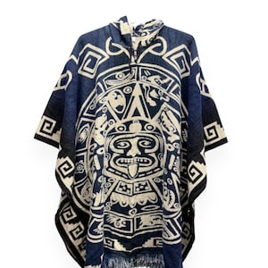 Alpaca Wool Poncho Aztec Calendar Navy Blue Native Indigenous Shawl Cape Gaban Zerape Hooded Unisex Sweater Blanket Calendario Azteca