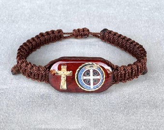 Médaille Saint-Benoît Bracelet en bois marron avec corde nouée avec cordon Pulsera de San Benito médaille catholique chrétien religieux unisexe cadeau