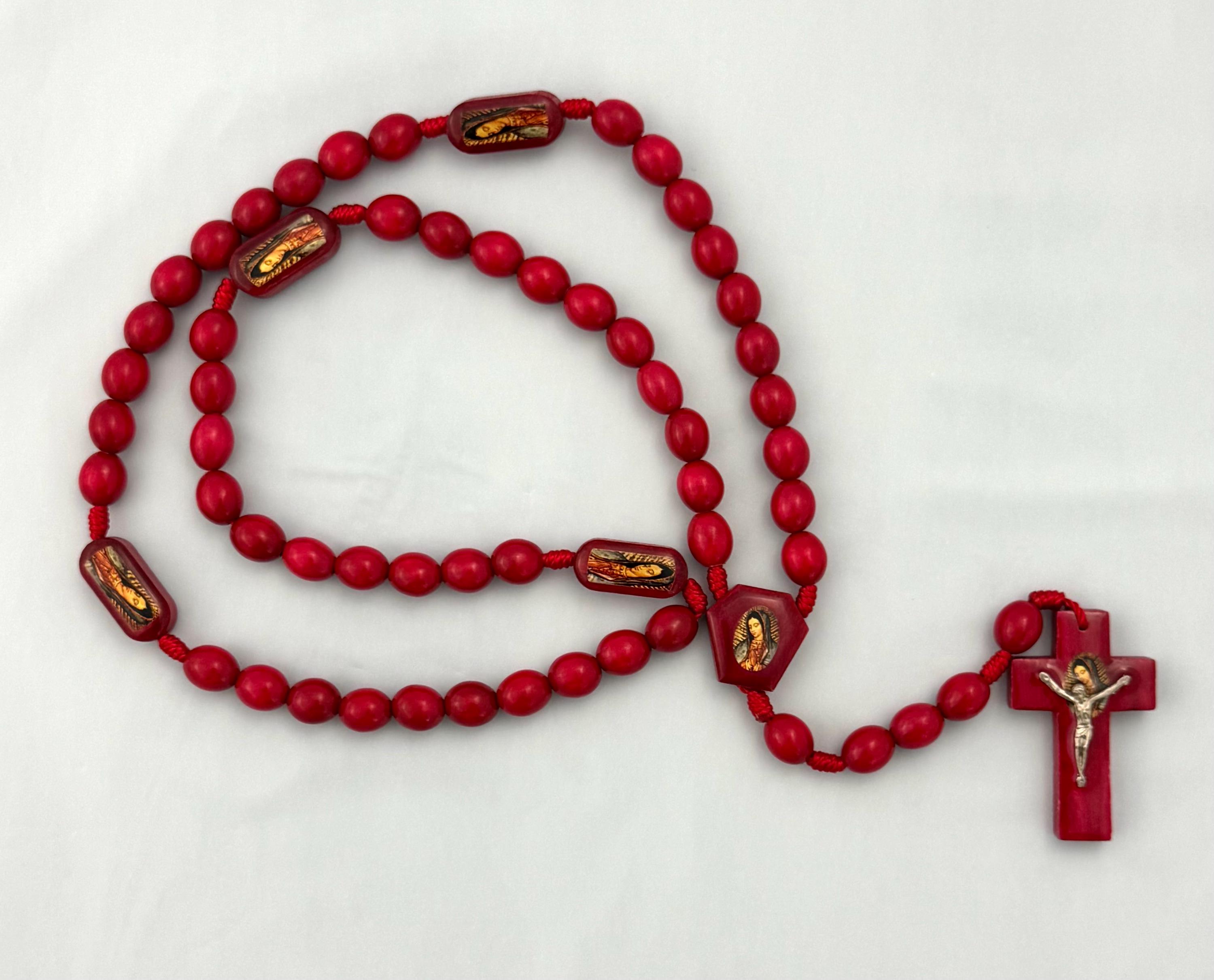 thumbnail image 2 of Deep Red Marble Glass Rosary Necklace 22" 8mm Beads Catholic Ave Maria 2 of 5