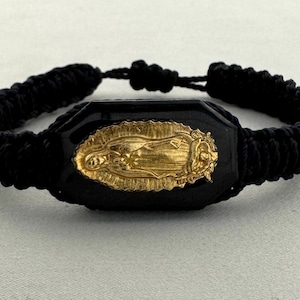 Our Lady of Guadalupe Virgin Mary Black Reversible Wooden Bracelet Roped Knotted Corded Pulsera de la Virgen de Guadalupe Unisex Gift