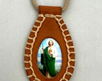 St. Jude Thaddeus Brown Leather Scapular Necklace Escapulario Collar de San Judas Tadeo Religious Christian Catholic Unisex Gift