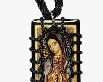 Our Lady of Guadalupe Virgin Mary Black Wooden Scapular Necklace Escapulario Collar de la Virgen de Guadalupe Unisex Religious Catholic Gift