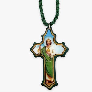 St. Jude Thaddeus Green Wooden Cross Scapular Necklace Escapulario Collar de San Judas Tadeo Religious Christian Catholic Unisex Gift