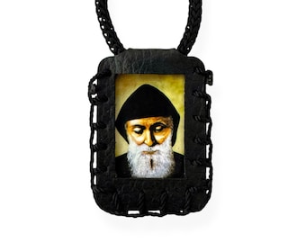 St. Charbel Black Scapular Necklace Escapulario Collar de San Charbel Religious Christian Catholic Unisex Gift