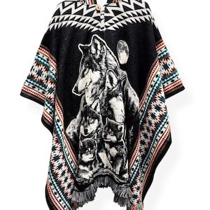 Alpaca Wool Black & Green Poncho Sweater Wolf Pack Wrap Shawl Cape Lobos Gaban Zerape Hooded Indigenous Style Sweater Western Unisex Gift G