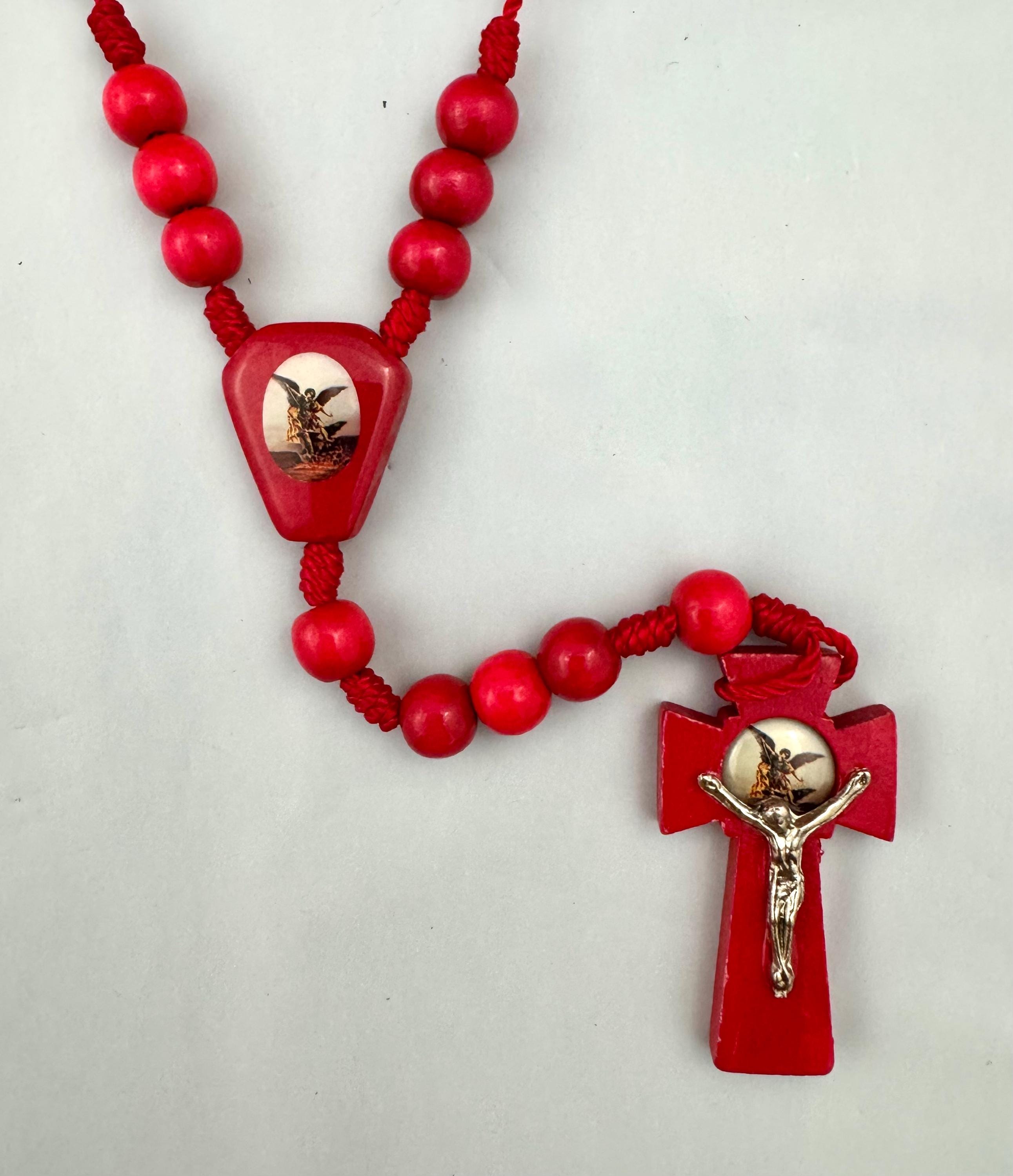 St. Michael Archangel Red Wooden Chaplet Rosary Necklace San