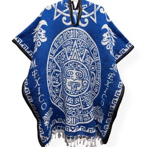 Aztec Calendar Mexican Style Poncho Blue White Two-Sided Hooded Zerape Gaban Jorongo Cape Sweater Blanket Indigenous Native Unisex Gift