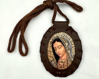 St. Jude Thaddeus & Virgin Guadalupe Double-Sided Brown Scapular Necklace Escapulario Collar San Judas Tadeo Virgen Christian Catholic Gift