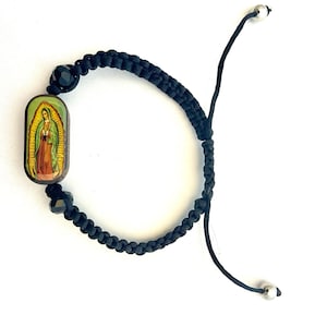 Our Lady of Guadalupe Virgin Mary Black Wooden Bracelet Roped Knotted Corded Pulsera de la Virgen de Guadalupe Unisex Gift