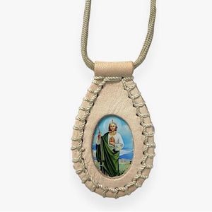 St. Jude Thaddeus Light Brown Leather Scapular Necklace Escapulario Collar de San Judas Tadeo Religious Christian Catholic Unisex Gift