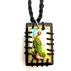 St. Jude Thaddeus Black Wooden Scapular Necklace Religious Christian Catholic Unisex Gift Escapulario Collar de San Judas Tadeo