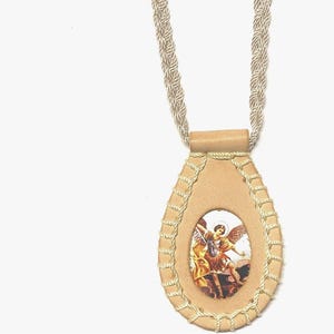 St. Michael Archangel Beige Leather Scapular Necklace Escapulario Collar de San Miguel Arcangel Religious Christian Catholic Unisex Gift