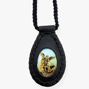 St. Michael Archangel Black Leather Scapular Necklace Escapulario Collar de San Miguel Arcangel Religious Christian Catholic Unisex Gift