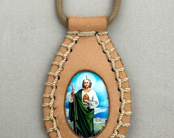 St. Jude Thaddeus Light Brown Leather Scapular Necklace Escapulario Collar de San Judas Tadeo Religious Christian Catholic Unisex Gift