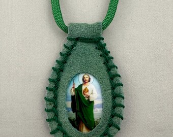 St. Jude Thaddeus Green Suede Scapular Necklace Escapulario Collar de San Judas Tadeo Religious Christian Catholic Unisex Gift