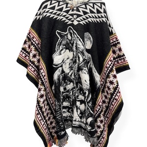 Alpaca Wool Black & Red Poncho Sweater Wolf Pack Wrap Shawl Cape Lobos Gaban Zerape Hooded Indigenous Style Sweater Western Unisex Gift R