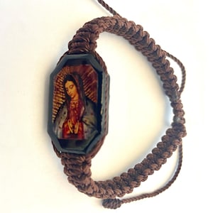 Our Lady of Guadalupe Virgin Mary Brown Reversible Wooden Bracelet Roped Knotted Corded Unisex Gift Pulsera de la Virgen de Guadalupe
