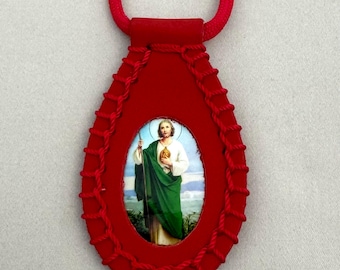 St. Jude Thaddeus Red Leather Scapular Necklace Escapulario Collar de San Judas Tadeo Religious Christian Catholic Unisex Gift