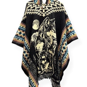Alpaca Wool Black & Blue Poncho Sweater Wolf Pack Wrap Shawl Cape Lobos Gaban Zerape Hooded Indigenous Style Sweater Western Unisex Gift