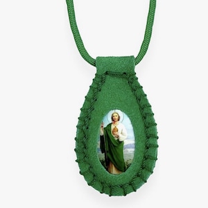 St. Jude Thaddeus Green Leather Scapular Necklace Escapulario Collar de San Judas Tadeo Religious Christian Catholic Unisex Gift