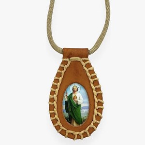 St. Jude Thaddeus Brown Leather Scapular Necklace Escapulario Collar de San Judas Tadeo Religious Christian Catholic Unisex Gift