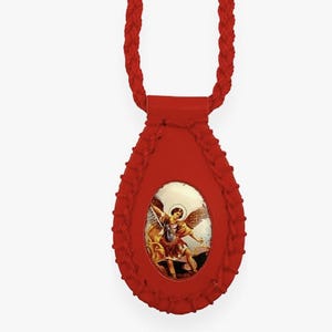 St. Michael Archangel Red Leather Scapular Necklace Escapulario Collar de San Miguel Arcangel Religious Christian Catholic Unisex Gift