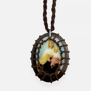 Our Lady of Mt. Carmel Virgin Mary Oval Brown Wooden Scapular Necklace Escapulario Collar Virgen del Carmen Unisex Religious Catholic Gift