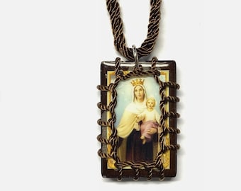 Our Lady of Mt. Carmel Virgin Mary Brown Wooden Scapular Necklace Escapulario Collar de la Virgen del Carmen Unisex Religious Catholic Gift