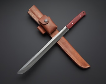 Handmade Damascus Steel Machete: Bushcraft Camping Knife with Leather Sheath