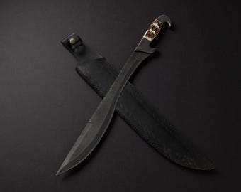 Handgemaakte machete van damaststaal: handvat van ramshoorn, 18" gesmeed mes