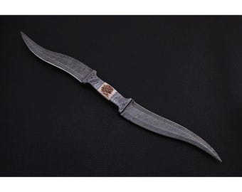 Handmade Damascus Double Blade Knife – Stag Antler Handle & Leather Sheath – Hunting, Camping, Collector Gift