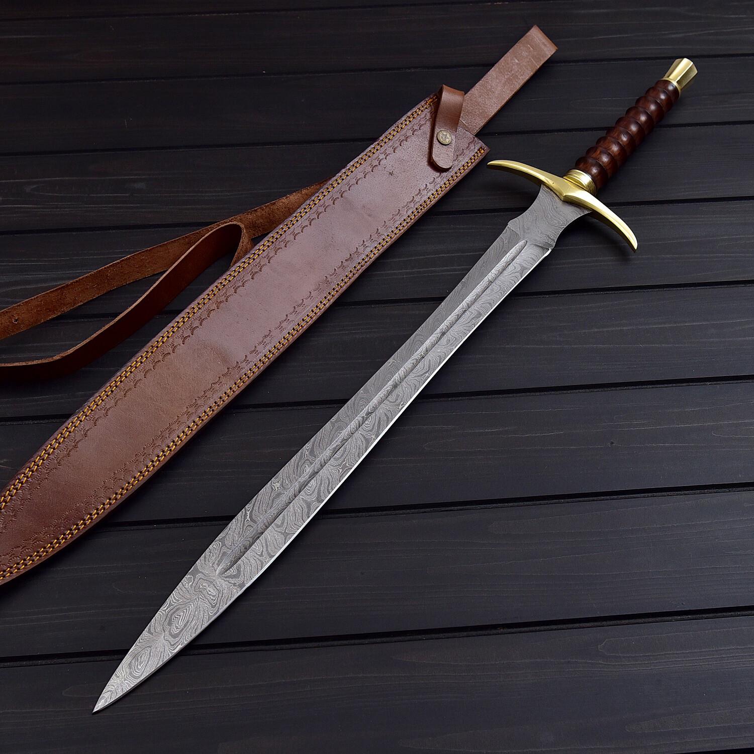 Carolingian Revival Forged Damascus Sword Triangle Brass Pommel Leather Sheath Included