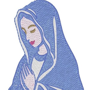 May include: Embroidered image of a religious figure in a blue robe and veil, with hands clasped in prayer. The figure's face is detailed with closed eyes and pink lips. The design is on a white background.